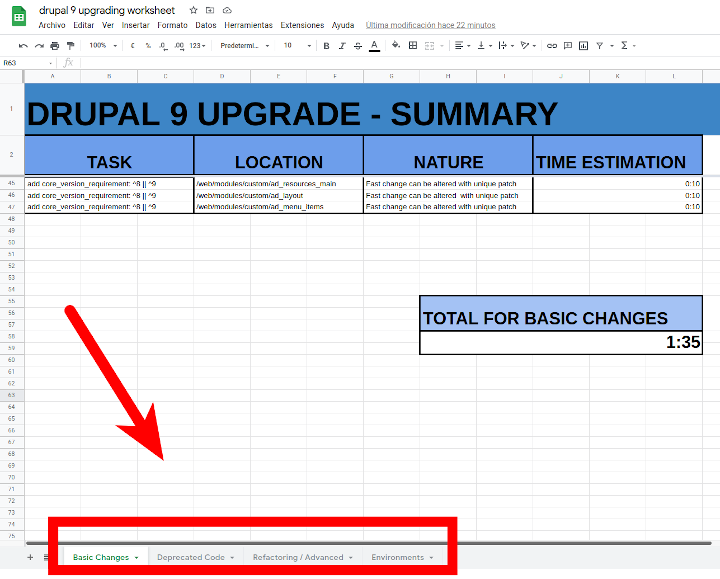 Filling a worksheet for the Drupal 9 upgrading
